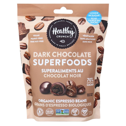 Front of Healthy Crunch Vegan Dark Chocolate Superfoods Espresso Bean - Vegan Nut Free Chocolate - Allergy Friendly Snacks - Brookside Chocolate Alternative