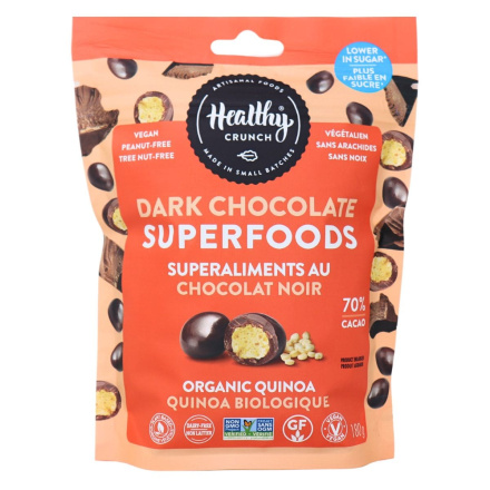 Front of Healthy Crunch Vegan Dark Chocolate Superfoods Quinoa - Dark Chocolate Vegan - Best Chocolate Covered Snacks - Chocolate Covered Quinoa Bites