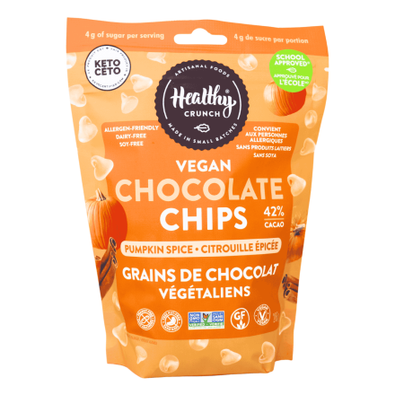 Healthy Crunch Vegan Chocolate Chips Pumpkin Spice, 283g - Vegan White Chocolate, Vegan Chips, Vegan White Chocolate Chips, Dairy Free Chips, Lactose Free Chocolate Chips, Non Dairy Chocolate Chips, Vegan Chocolate Chips Canada, Dairy Free Chocolate Chips