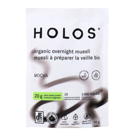 Front of HOLOS Organic Overnight Muesli Mocha - Vegan Overnight Oats - High Protein Overnight Oats - High Protein Muesli