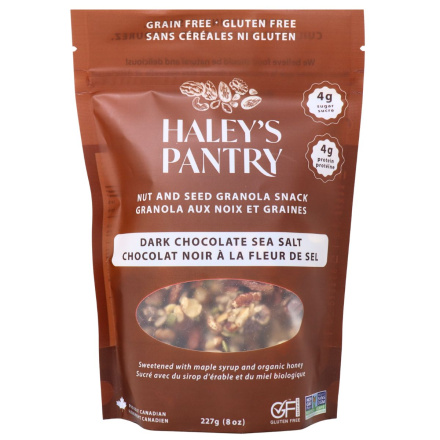 Front of Haley’s Pantry Granola Dark Chocolate and Sea Salt - plant-based protein - low sugar granola - heart healthy snack