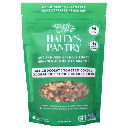 Front of Haley’s Pantry Organic Granola Dark Chocolate Toasted Coconut - gluten-free granola - plant-based protein - low sugar granola