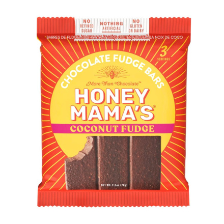 Front of Honey Mama’s Gluten-Free Chocolate Fudge Bars Coconut Fudge - Truffle Snack Bar - Dairy-Free Truffle Bar - Gluten-Free Truffle Snack Bar