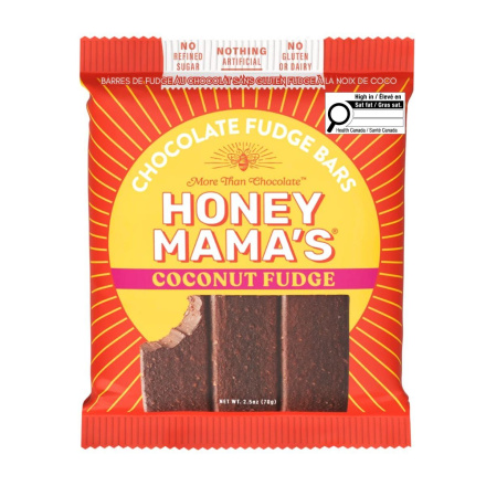 Front of Honey Mama’s Gluten-Free Chocolate Fudge Bars Coconut Fudge - Truffle Snack Bar - Dairy-Free Truffle Bar - Gluten-Free Truffle Snack Bar