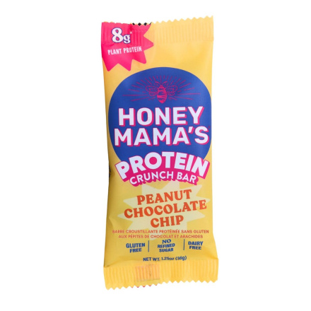 Front of Honey Mama’s Gluten-Free Protein Crunch Bar Peanut Chocolate Chip - Plant-based Protein Bar, Snack Protein Bar, High Protein Snack