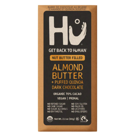Front of Hu Kitchen Almond Butter & Puffed Quinoa Chocolate Bar - vegan chocolate bars - dark chocolate bar - gluten free chocolate bars