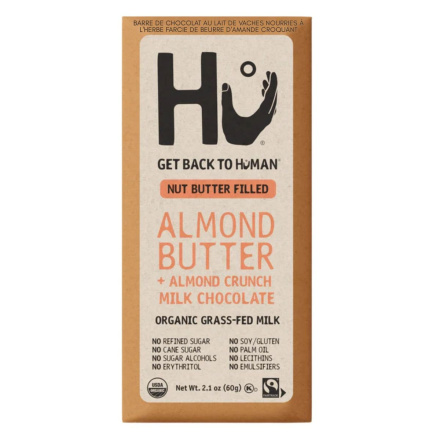 Front of Hu Kitchen Grass-Fed Milk Chocolate Bar Filled Almond Butter Crunch - Hu Chocolate Bars - Clean Chocolate Bar - Chocolate And Almond Butter