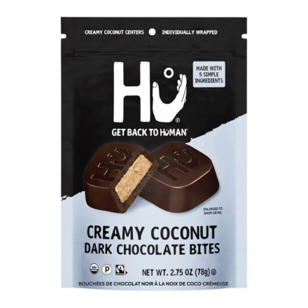 Front of Hu Kitchen Creamy Coconut Dark Chocolate Bites - Hu Chocolate Canada - Hu Chocolate Bars - Hu Dark Chocolate