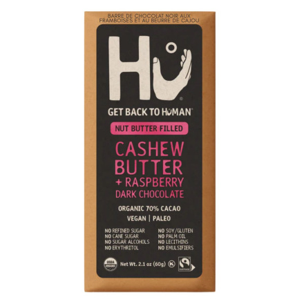 Front of Hu Kitchen Cashew Butter and Raspberry Dark Chocolate Bar - dark chocolate bar - gluten free chocolate bars - Hu Chocolate Canada