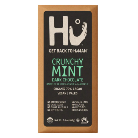 Front of Hu Kitchen Crunchy Mint Dark Chocolate Bar - Paleo Chocolate Bar - mint chocolate bar - vegan chocolate bars