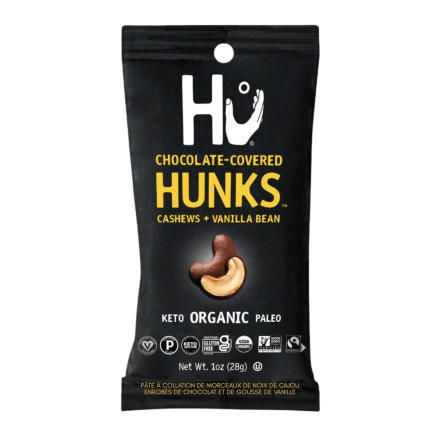 Front of Hu Kitchen Chocolate-Covered Hunks Cashews + Vanilla Bean Snack Pack - Vegan Chocolate Nuts - Natural Chocolate Snacks - Healthy Chocolate Snacks