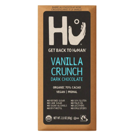 Front of Hu Kitchen Vanilla Crunch Dark Chocolate Bar - dark chocolate bar - puffed quinoa - Quinoa chocolate bar