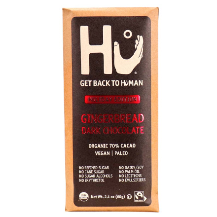 Front of Hu Kitchen Organic 70% Dark Chocolate Gingerbread, 60g