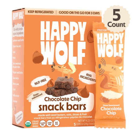 Front of Happy Wolf Fridge-Fresh All-Natural Snack Bar Chocolate Chips - Real Food Bar - Healthy Granola Bars - Clean Snack Bars
