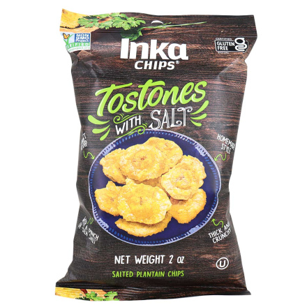 Front of Inka Chips Tostones With Salt Salted Plantain Chips, 2 oz