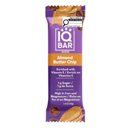 Front of IQ Bar Almond Butter Chip - Energy Bar Healthy - Healthy Energy Bar - High Energy Bars