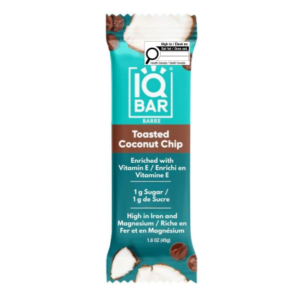 Front of IQ Bar Toasted Coconut Chip - Energy Bar Healthy - Healthy Energy Bar - High Energy Bars