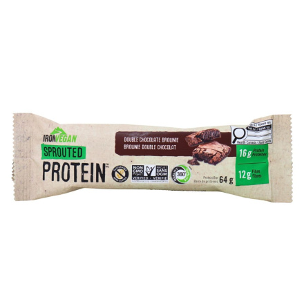 Front of Iron Vegan Sprouted Protein Bar Double Chocolate Brownie - Dark Chocolate Protein Bar - Chocolate Brownie Protein Bar - Best Protein Bar