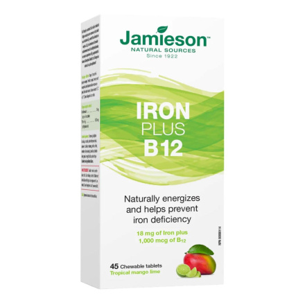 Front of Jamieson Vitamins Chewable Iron + Vitamin B12 Tropical Mango Lime - Are There Chewable Iron Pills - Chewable Iron Supplement Pills - Chewable Iron Pills For Adults