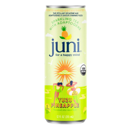 Front of Juni Sparkling Decaffeinated Adaptogenic Tea Yuzu Pineapple - Adaptogenic Drinks - Jay Shetty Tea - Sparkling Teas