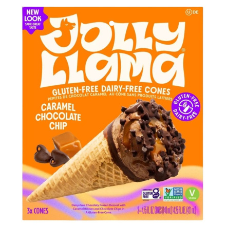 Front of Jolly Llama Dairy-Free Cone Caramel Chocolate Chip - Non-Dairy Ice Cream - Vegan Ice Cream Cone - Gluten Free Waffle Cone