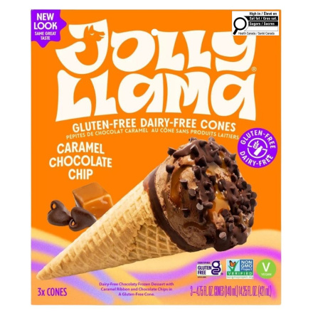 Front of Jolly Llama Dairy-Free Cone Caramel Chocolate Chip - Non-Dairy Ice Cream - Vegan Ice Cream Cone  - Gluten Free Waffle Cone