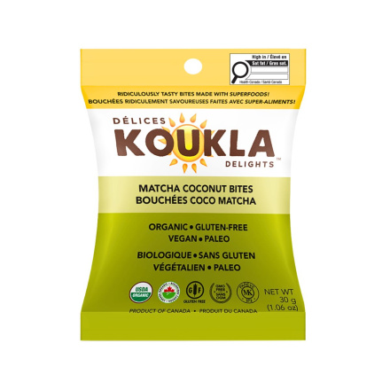 Front of Koukla Delights Organic Gluten-Free Snack Bites Matcha Coconut - Vegan Matcha Coconut Snacks - No Refined Sugar Matcha Snacks - Green Tea Snack Bites Canada