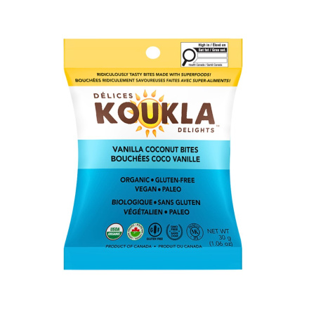 Front of Koukla Delights Organic Gluten-Free Snack Bites Vanilla Coconut - No Refined Sugar Coconut Snacks - Organic Coconut Balls Canada - Plant Based Coconut Bites