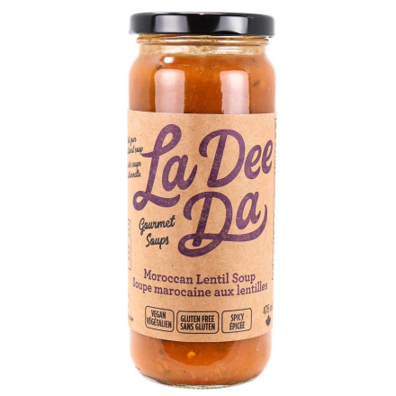 Front of La Dee Da Vegan Spicy Moroccan Lentil Soup, 475mL