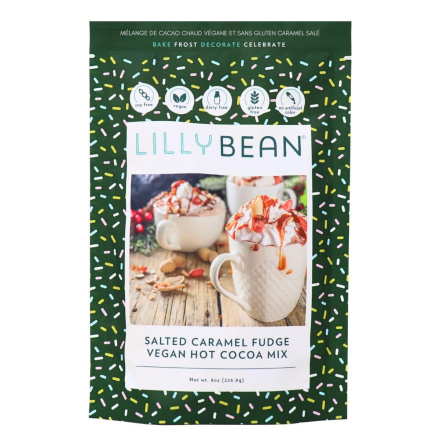 Front of Lillybean Gluten-Free Vegan Hot Chocolate Mix - Vegan Hot Cocoa Powder - Dairy-free Hot Chocolate - Fudge Salted Caramel Hot Chocolate