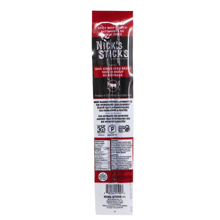 Front of Nick's Sticks 100% Grass-Fed Beef Snack Sticks Spicy - Beef Stick Snacks - Beef Sticks - Grass Fed Beef Sticks