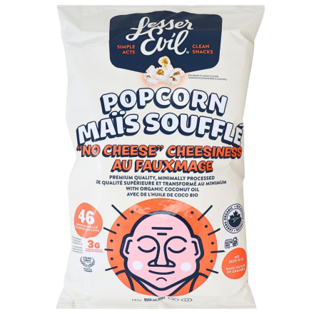 Front of Lesser Evil Organic Popcorn No Cheese Cheesiness - Vegan Popcorn - Gluten Free Popcorn - Vegan Cheese