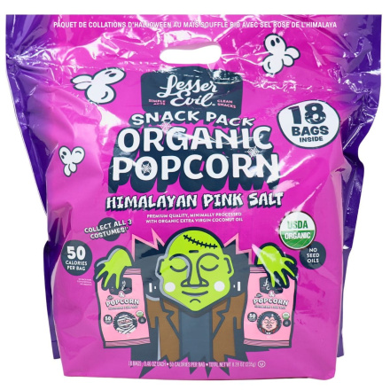 Front of Lesser Evil Organic Popcorn Himalayan Pink Salt Halloween Snack Pack - Snack Packs For School - Gluten Free School Snacks - Popcorn With Coconut Oil