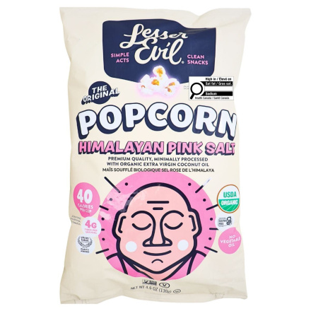 Front of Lesser Evil Organic Popcorn Himalayan Pink Salt - Gluten Free Popcorn - Popcorn Bag - Himalayan Pink Salt