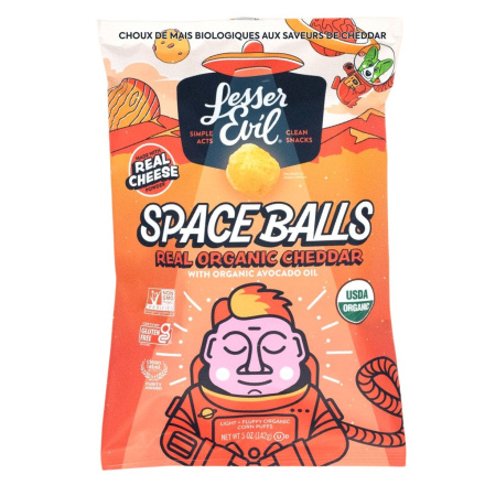 Front of Lesser Evil Organic Corn Puffs Space Balls Real Cheddar - Corn Puffs - Puffs Chips - Gluten Free Corn Puffs
