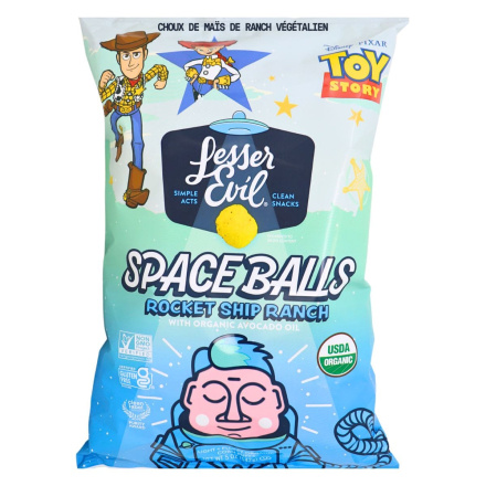 Front of Lesser Evil Space Balls Organic Gluten-Free Corn Puff Snacks Vegan Ranch Chips With Avocado Oil - Corn Puffs - Gluten Free Corn Puffs - Vegan Ranch Chips