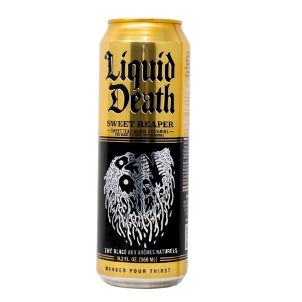 front of Liquid Death Canada, Liquid Death, Liquid Death Sweet Reaper Iced Tea