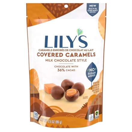 Front of Lily's Milk Chocolate Style Covered Caramels, 99g