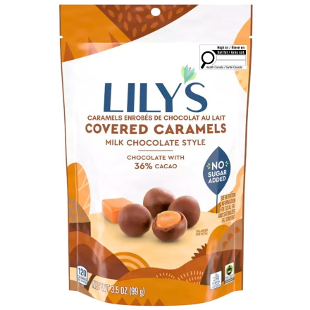 Front of Lily's No Sugar Added Milk Chocolate Style Covered Caramels - No Sugar Added Chocolate - Gluten Free Chocolate - Fair Trade Chocolate