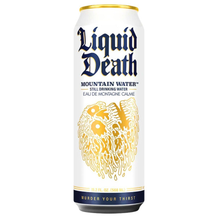Front of Liquid Death Still Artesian Mountain Water - Water In A Can - Water That Looks Like Beer - Liquid Death Water