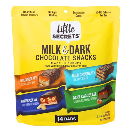 Front of Little Secrets Chocolates Lower Sugar Chocolates Milk & Dark Chocolates Variety Pack - Healthy Twix - Cookie Caramel Bars - Healthy Cookie Bars