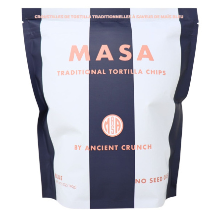Front of Masa Tortilla Chips, Blue Corn, 5oz Bag - Gluten Free Tortilla Chips - Gluten Free Chips - Gluten Free Nachos Chips