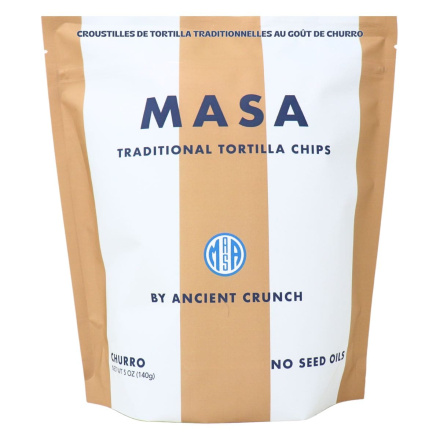 Front of Ancient Crunch Masa Traditional Tortilla Chips Churro - Gluten Free Tortilla Chips - Gluten Free Chips - Gluten Free Nachos Chips
