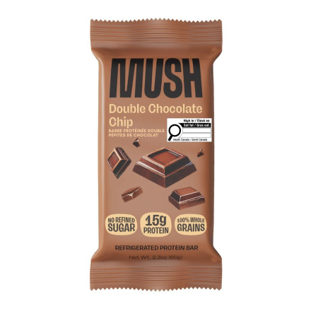 Front of MUSH Protein Bar Double Chocolate Chip - Plant-Based Protein Bar - 100% Whole Grains Protein Bar - No Refined Sugar Protein Bar