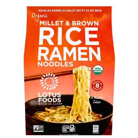 Front of Lotus Foods Organic Millet and Brown Rice Ramen Noodles - Gluten Free Instant Noodles - Organic Instant Noodles - Gluten Free Ramen