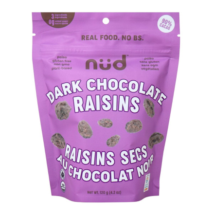 Front of Nud Organic Dark Chocolate-Covered Raisins - Paleo Snack - Grain Free Snack - Gluten Free Snack