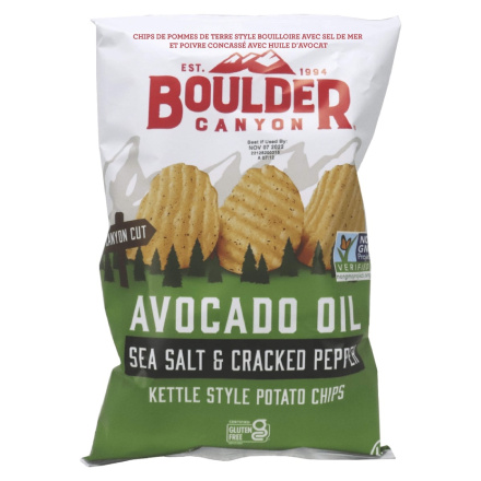 Front of Boulder Canyon Kettle Style Potato Chips With Avocado Oil Sea Salt Cracker Pepper