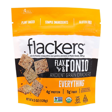 Front of Flackers Flax & Fonio Ancient Grain Crackers Everything, 128g