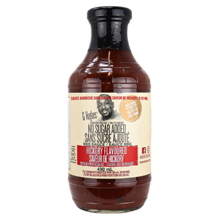 Front of G Hughes No Sugar Added BBQ Sauce Hickory, 490mL