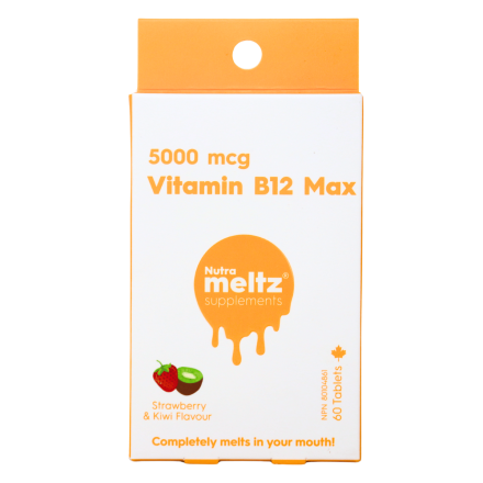 Nutrameltz Meltaway Supplement Tablets 5000 mcg Vitamin B12 Strawberry & Kiwi Flavour Canada Front